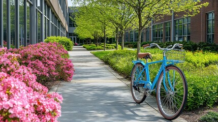 Fototapeta premium Bicycle resting against corporate office building urban environment photography daytime modern aesthetic