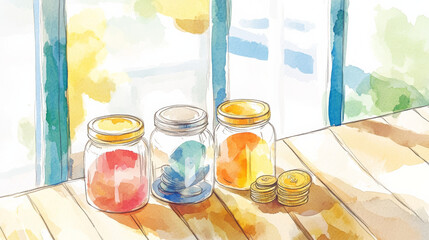 Colorful savings jars and coins on wooden table, symbolizing budgeting and financial planning. bright setting evokes sense of optimism and organization
