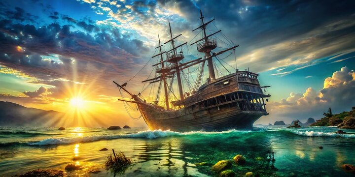 Ancient Athenian Penteconter Shipwreck Double Exposure - Dramatic Sunken Vessel
