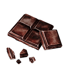 Chocolate bar watercolor composition. Hand drawn pieces of dark chocolate bar on isolated white background. Clip art of sweet dessert. Ideal for logo and packaging of sweets, coffee shop menu and