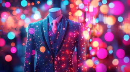 Vibrant portrayal of formal holiday attire featuring a tailored suit with a sparkling background