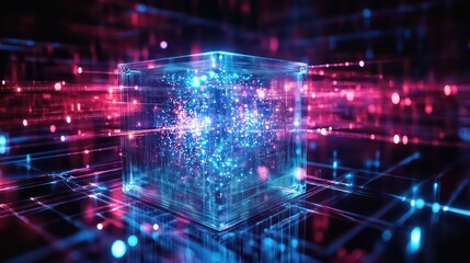 Obraz premium Futuristic Glowing Digital Cube with Data Grid and Holographic Elements - Technology and Artificial Intelligence Concept