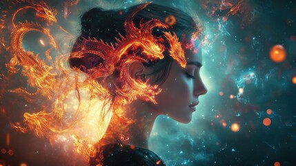 Surreal portrayal of a glowing woman intertwined with mythical dragons in an ethereal cosmic background