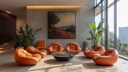 A modern and functional office with a professional meeting room and relaxing decor, showcasing a contemporary and stylish workspace design.