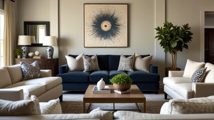 A sophisticated living room featuring navy and cream sofas, decorative pillows, and elegant furnishings, with standout artwork on the wall