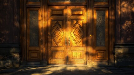 Ornate wooden double doors bathed in sunlight, casting leaf shadows.
