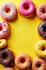 Arrange of assorted colored donuts in a circular pattern on yellow background with empty space around , flat lay, yellow background, bakery