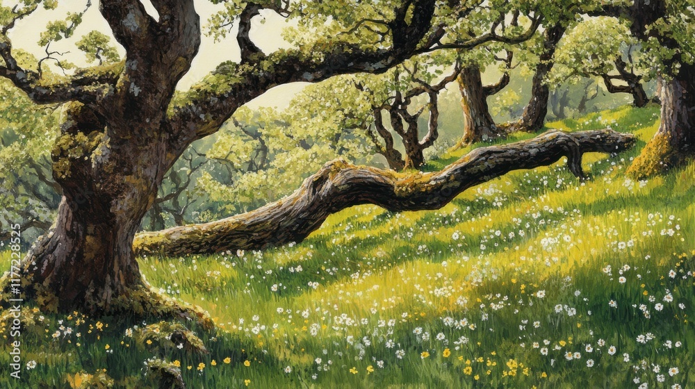 Aufkleber spring forest clearing with ancient trees and blooming wildflowers in a serene natural setting