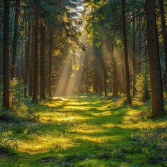 Obraz premium Sunbeams illuminate a grassy forest path at sunrise, creating a tranquil atmosphere