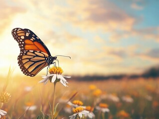 A vibrant close-up of an endangered monarch butterfly, its orange and black wings glowing in sunlight, perched on a blooming milkweed flower in a serene meadow