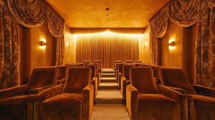 Luxurious private home theater with plush velvet seating and elegant drapes