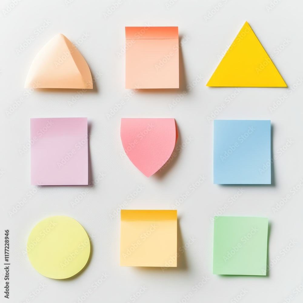 Poster Colorful sticky notes arranged in various shapes on a light background creating a vibrant workspace arrangement