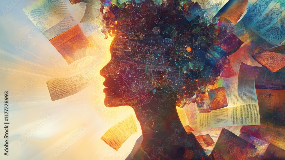 Aufkleber Visualization of a historian illuminated by knowledge with books and ideas glowing in a vibrant backdrop