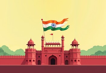Fototapeta premium Stylized illustration of the Red Fort in India with waving Indian flag, representing culture and heritage