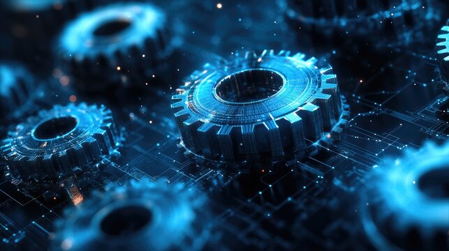 Futuristic blue gear digital transformation abstract technology background. Artificial intelligence and big data concept. Business growth computer and investment industry 4.0 . Vector illustration.