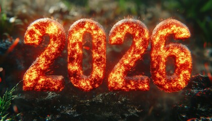 Fiery Year 2026 Burning in Soil, Concept. 3D Render of Embossed Numbers on Fire, 2026