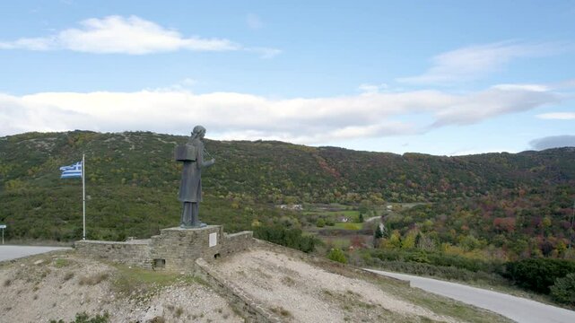 Zagorochoria Greece Aerial Panoramic shot, Woman Statue of War Theme, Zagorisia Woman War Memorial Watching over Epirus Mountains