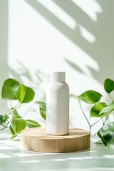 Minimalistic white bottle placed on wooden pedestal surrounded by green leaves, soft natural light