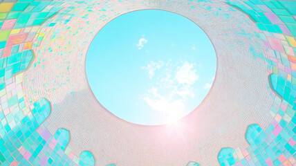 Shimmering translucent mosque dome glowing in emerald sky light
