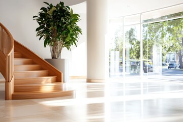 Fototapeta premium A bright foyer featuring an elegant wooden staircase and a potted plant, merging style with comfort and creating a welcoming entryway into the space.