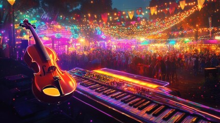 Glowing violin and keyboard at a vibrant nighttime festival filled with colorful lights and joyful crowds