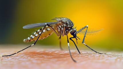 A macro view of a mosquito on human skin, ideal for biology research, public health campaigns, and educational materials on insect behavior and disease prevention.