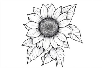 Fototapeta premium Detailed Black and White Illustration of a Sunflower with Leaves