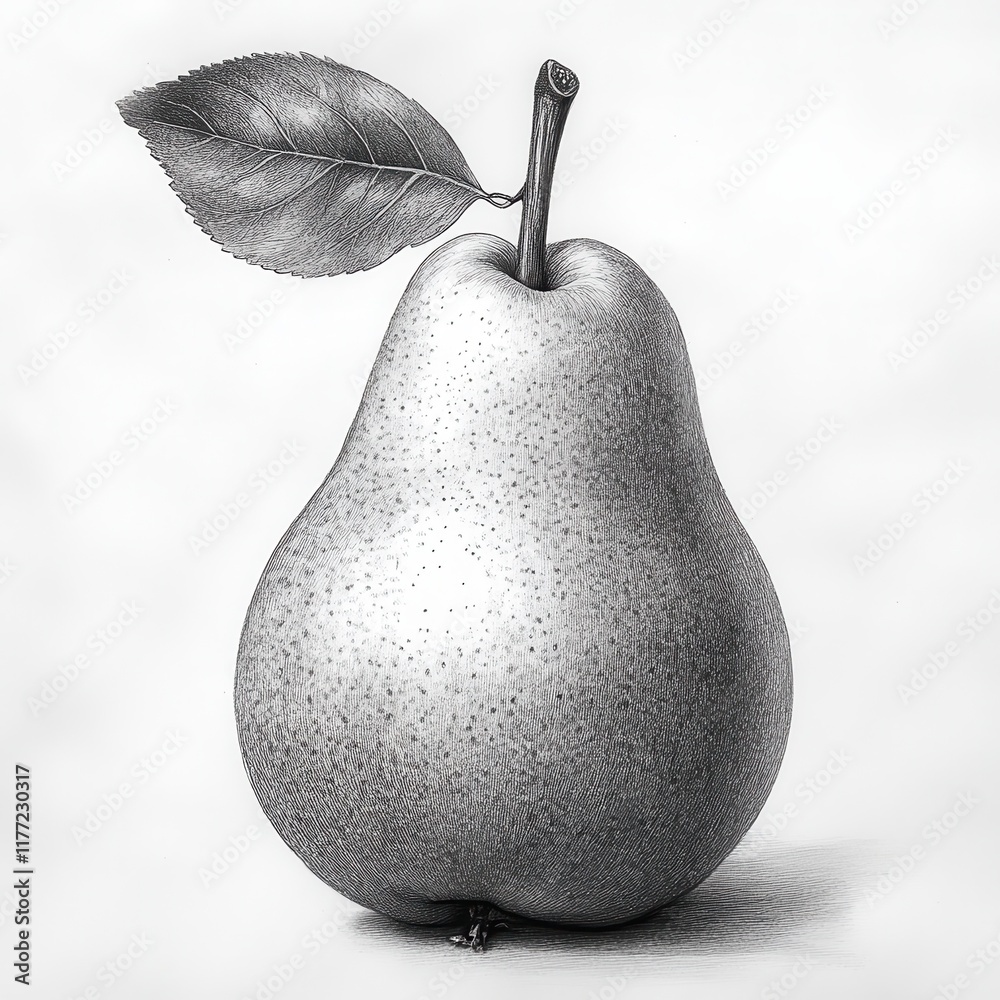 Poster Detailed illustration of a pear showcasing smooth shading and a leaf featuring realistic textures and form