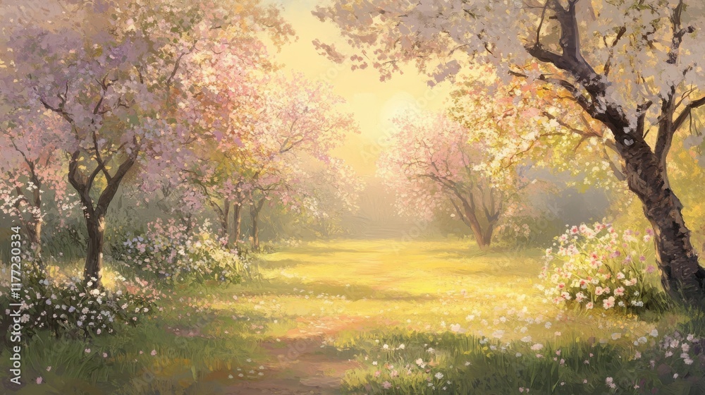 Aufkleber spring orchard bathed in soft sunlight at dawn with blossoming trees and tranquil pathway