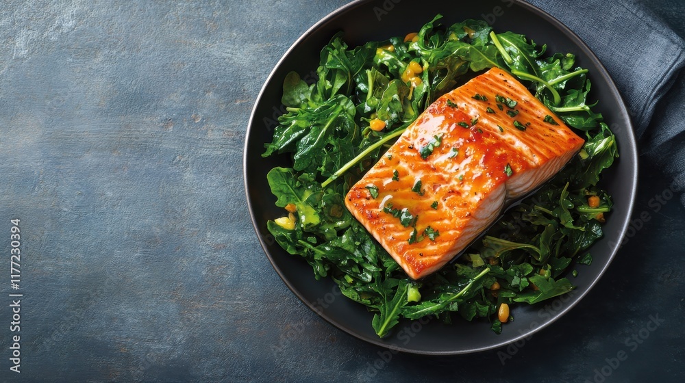 Poster pan-seared salmon filet resting atop a bed of fresh greens with herbs and nuts in a modern dining se