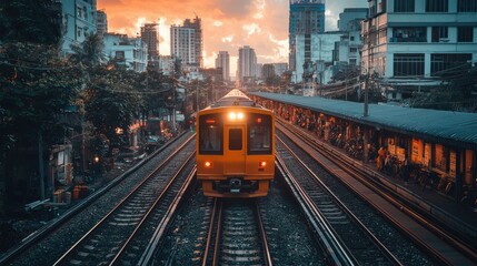 Obraz premium Train crossing urban cityscape at sunset scenic view transport photography city environment elevated perspective captivating landscape
