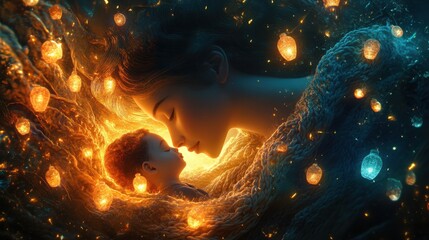 Mystical visualization of a mother embracing her child in an ethereal glow with floating lanterns in a surreal landscape