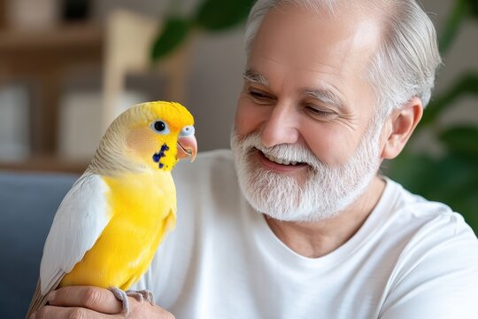 A gentle elderly man shares a warm smile while interacting with his pet budgie, highlighting the beauty of companionship and the joy of caring for animals.