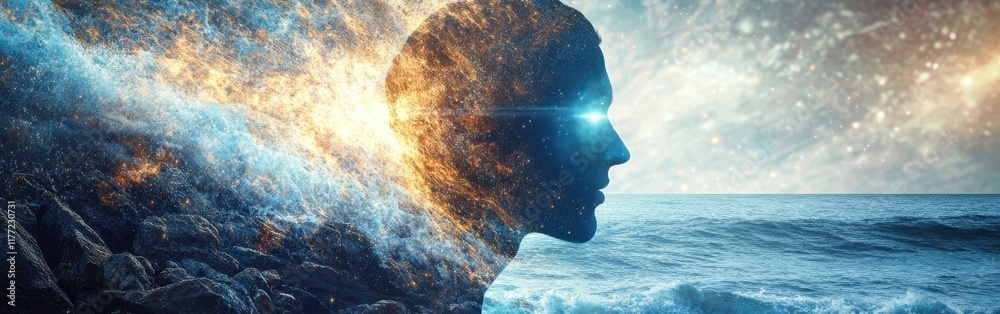 Poster Mystical visualization of a man's profile merging with cosmic elements by the ocean at sunset
