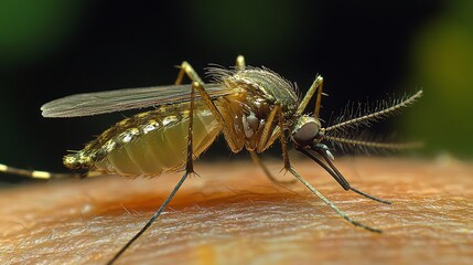 A macro view of a mosquito on human skin, ideal for biology research, public health campaigns, and educational materials on insect behavior and disease prevention.