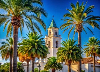 Andalusian Charm: Palm Trees & White Church Tower in Conil de la Frontera