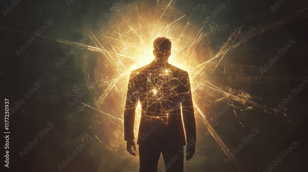 Aufkleber Mystical silhouette of a man surrounded by radiant energy and abstract light patterns during a cosmic event