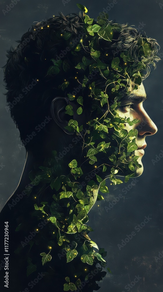 Poster mystical profile of a man entwined with vibrant green foliage and ethereal lights depicting a connec