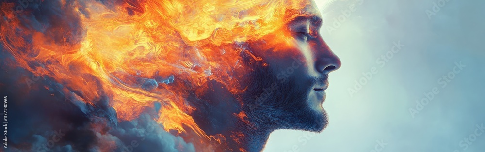 Leinwandbilder mystical representation of a man's profile filled with vibrant flames and ethereal elements at dawn