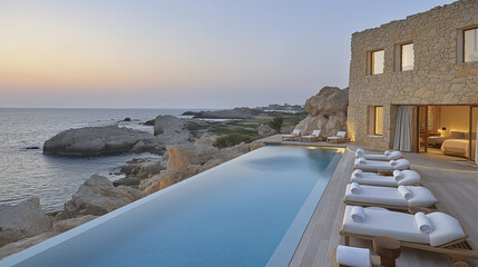 A serene infinity pool at a clifftop resort, offering a sweeping view of the ocean, where soft pastel tones of sunset reflect on the water