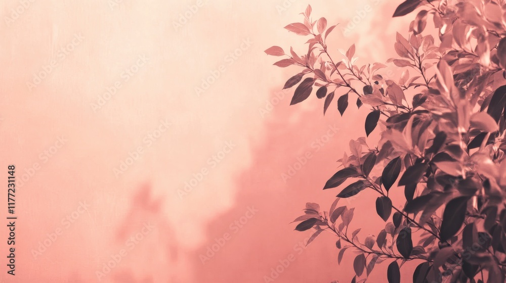 Aufkleber soft muted coral background with delicate plant leaves adding a gentle touch in a serene indoor sett