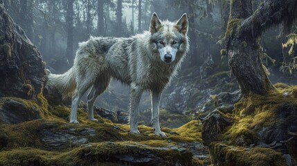 Obraz premium A lone wolf stands amidst a misty, moss-covered forest, evoking a sense of wilderness.