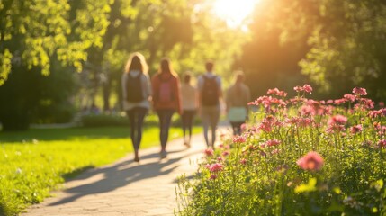 Obraz premium Mindfulness group engages in slow meditative practice during a sunny afternoon in a park surrounded by flowers