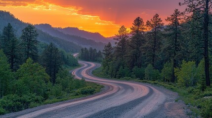 Winding dirt road through forest at sunset in mountain valley. Background Colorful sky, trees, hills. Use Travel, adventure