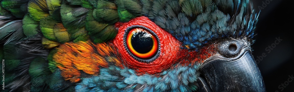 Poster close-up view of a lorikeet's vibrant face showing intricate feathers and striking eye details in na