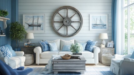 Living room featuring nautical decor with a large ship's wheel accent on the wall