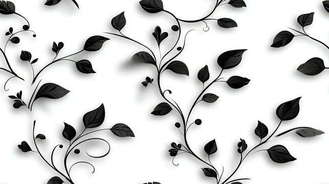 Intricate seamless pattern showcases black swirls and leaves on a crisp white background, perfect for sophisticated design applications SEAMLESS PATTERN