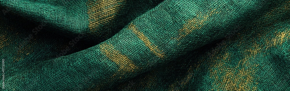 Poster luxurious burlap texture featuring deep emerald tones with intricate golden flecks captured in natur