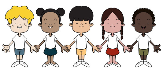 Multiracial Kids cartoon characters holding hands each other. Best for sticker, logo, and mascot with world peace themes
