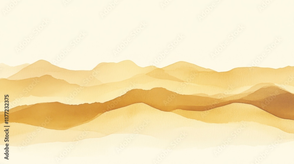 Poster golden yellow watercolor gradient transitions over soft rolling hills creating a serene atmosphere